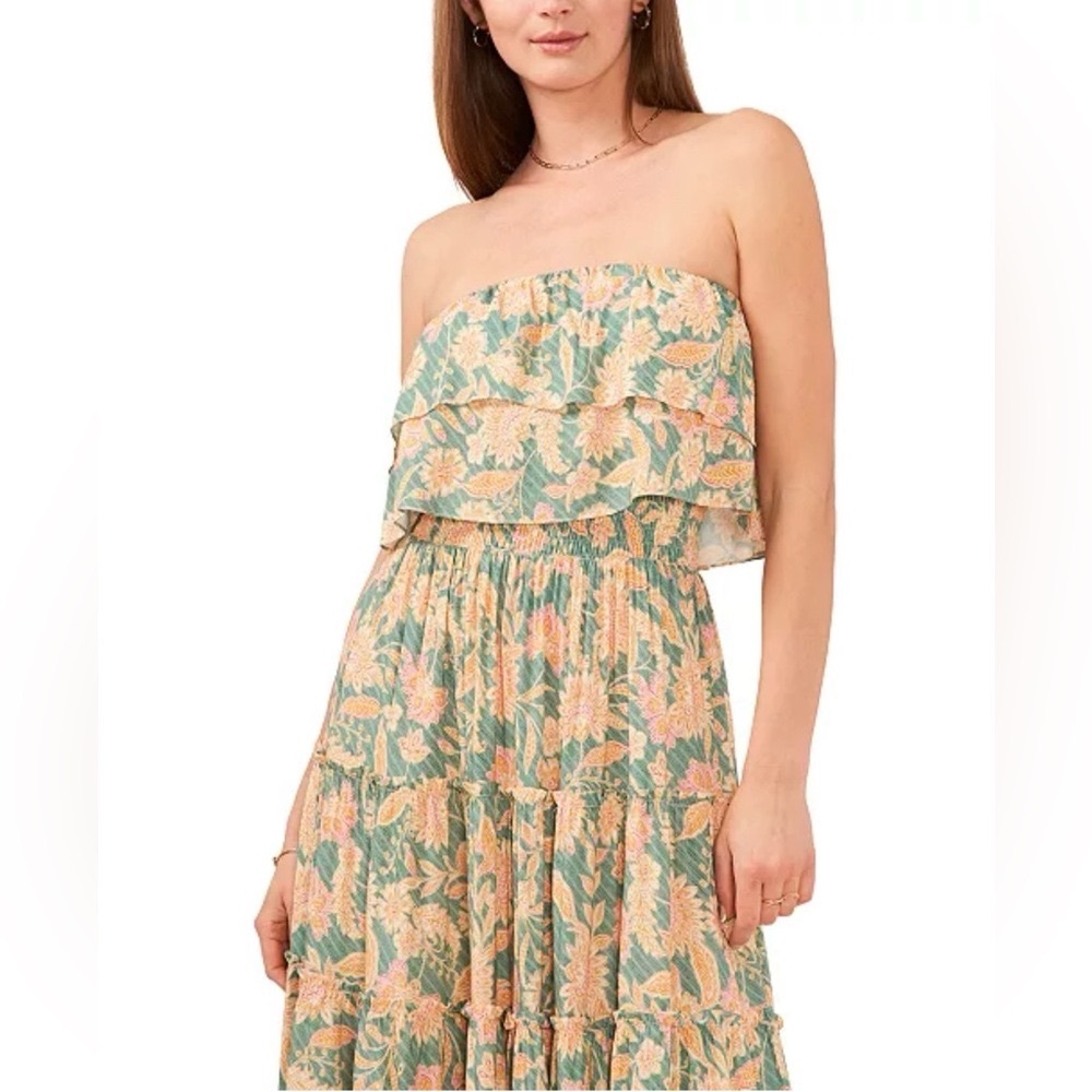 1. State  Floral-Print Strapless Ruffle-Tiered Midi Dress